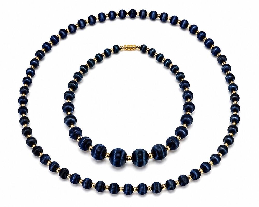 Vintage Navy Blue Satin Wrapped Bead Necklace Set 18 & 30” Mid Century Gold Tone